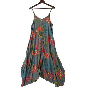 Natural‎ Life Katrina Midi Slip Dress Gray Blue Neon Floral Size S Sharkbite Hem